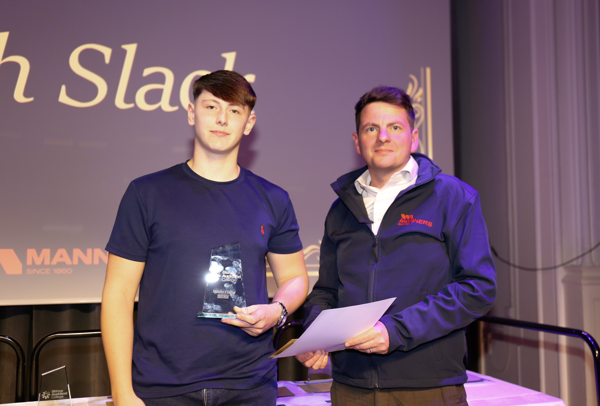 Josh Slack receiving his award at the Bishop Auckland College Group Student Awards. 