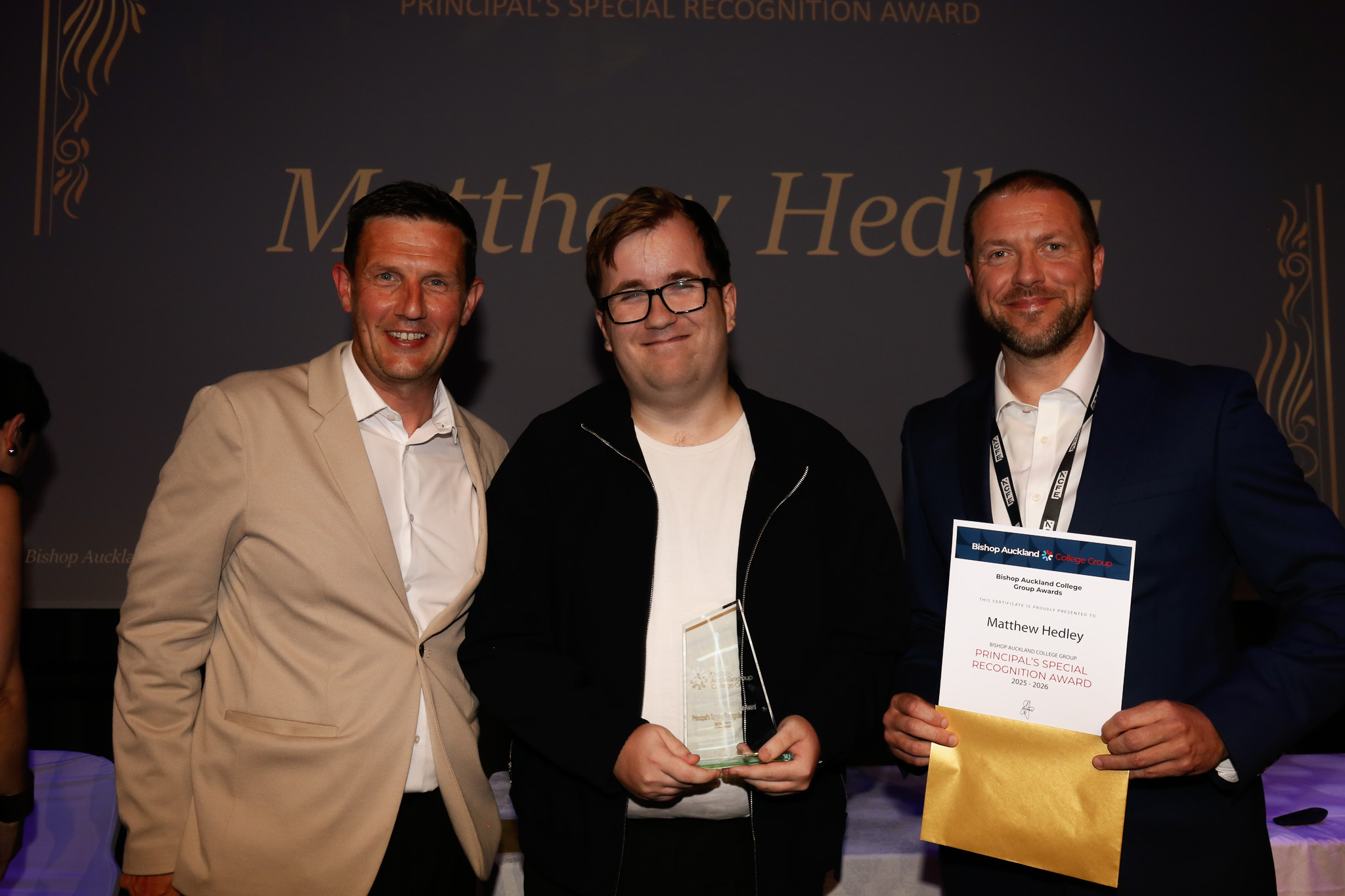 Matthew Hedley receiving an award at the Bishop Auckland College Student Awards.